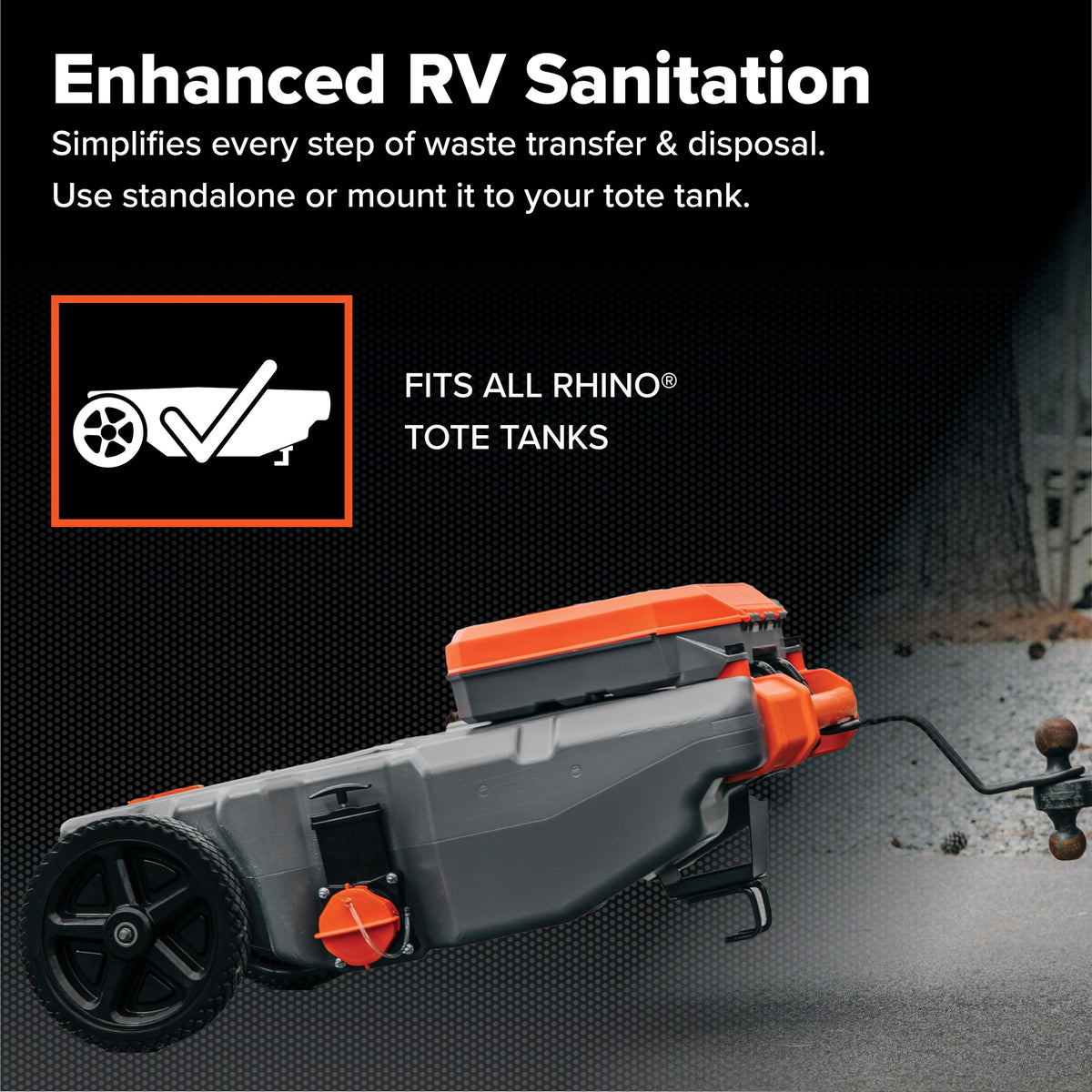 Camco Tough-Pack mounted on a tote tank for easy reach and secured transport