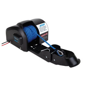 Camco TRAC winch front mounted on deck showing compact profile and easy access