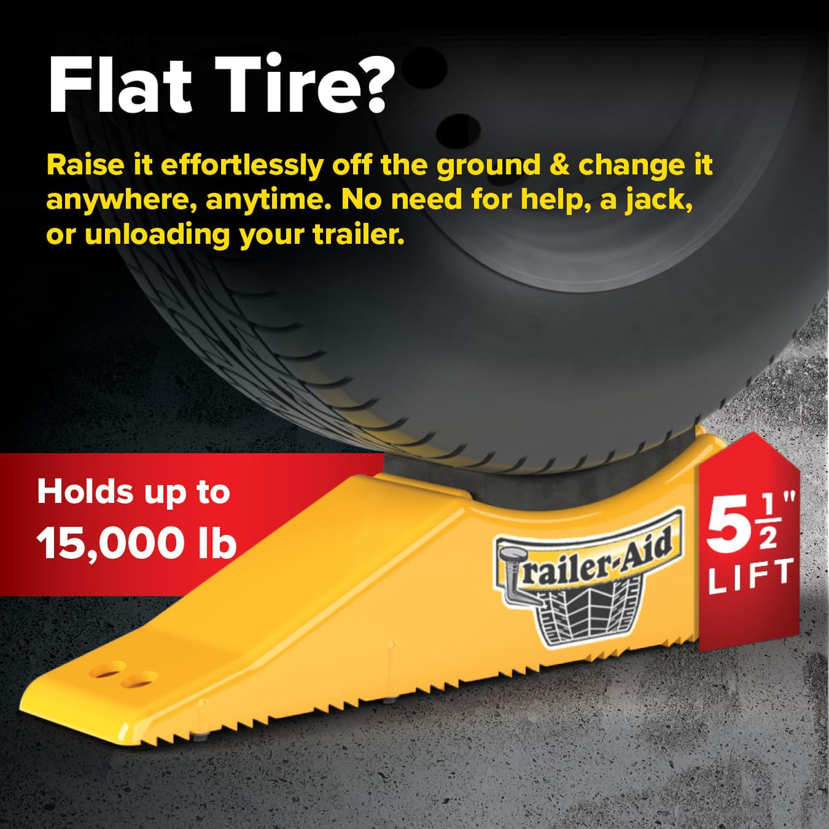 Camco Trailer‑Aid in use lifting trailer wheel to speed tire change benefit