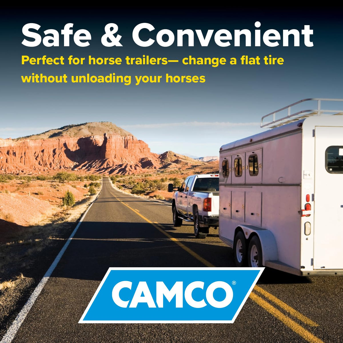 Camco Trailer‑Aid set up at roadside beside an RV demonstrating safer maintenance benefit