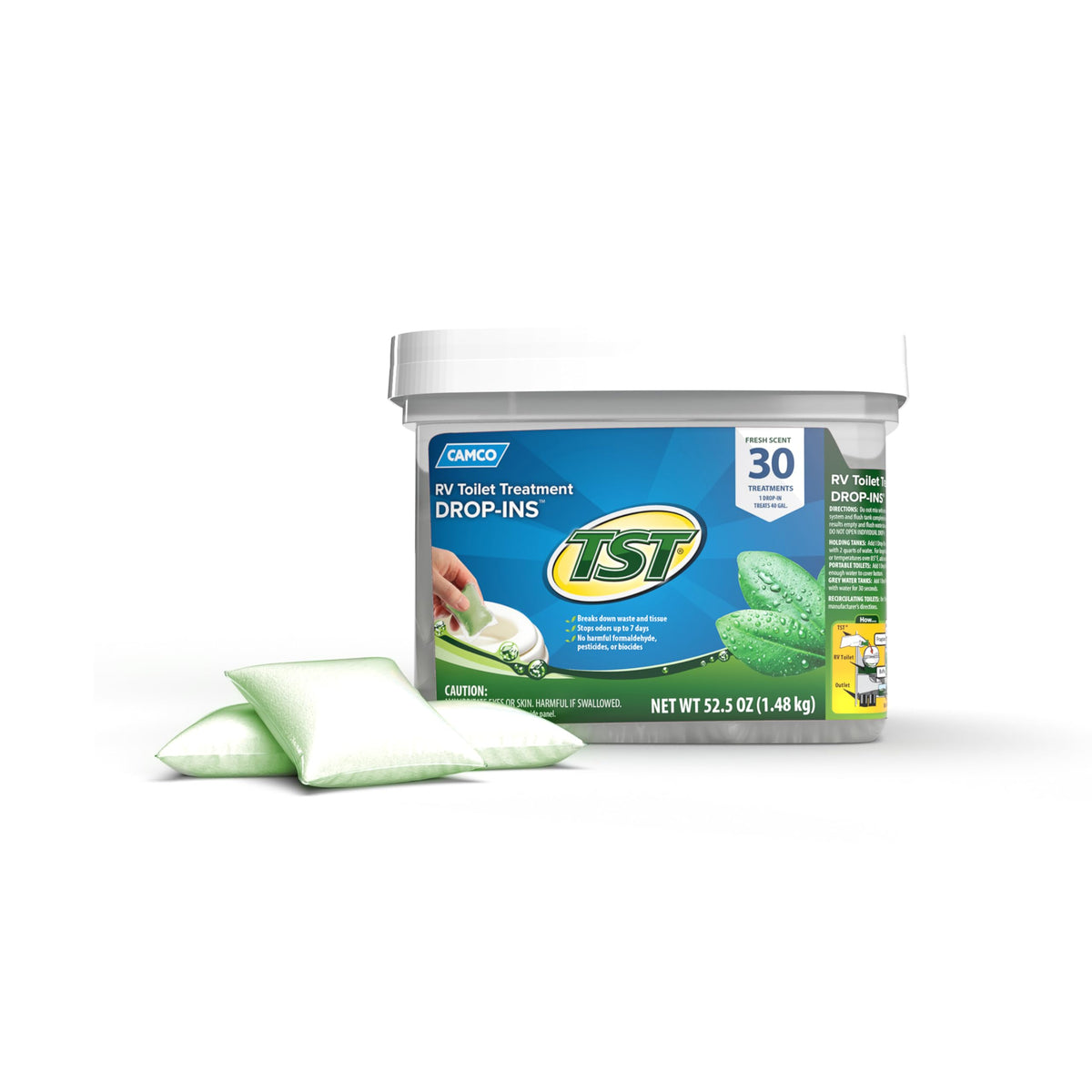 Camco tub front view showing label and 30-count convenience for odor control