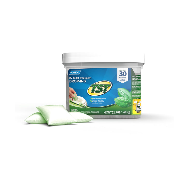Camco tub front view showing label and 30-count convenience for odor control