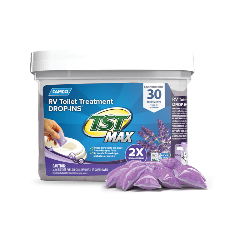 Camco TST MAX front packaging showing 30-pack and lavender scent benefit