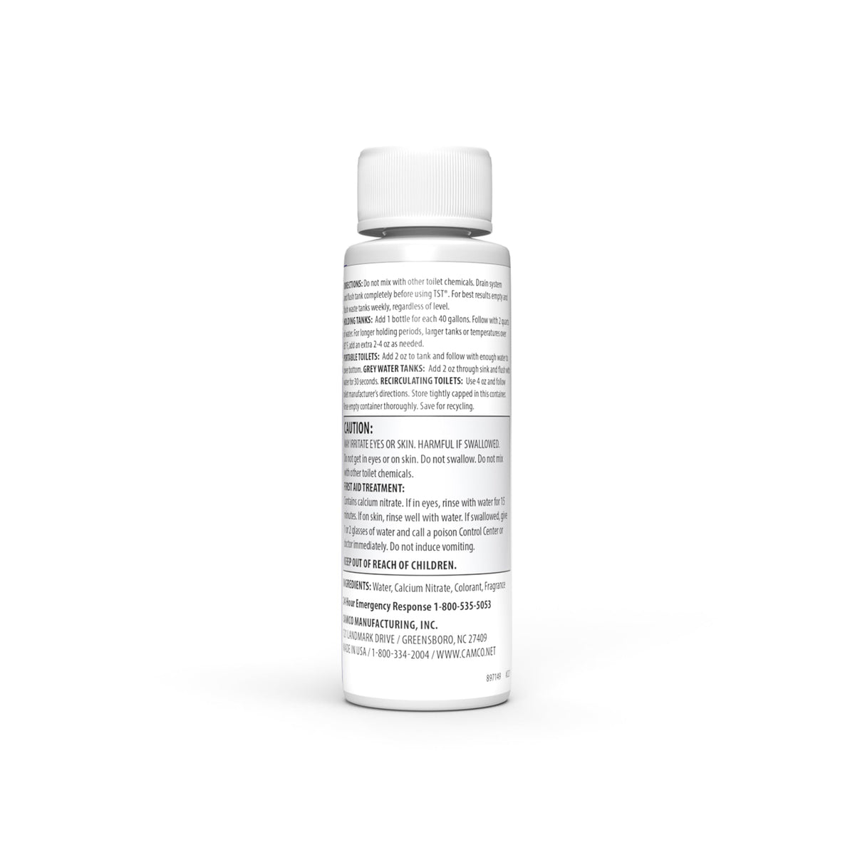 Camco label close-up showing ingredients and septic-safe benefit