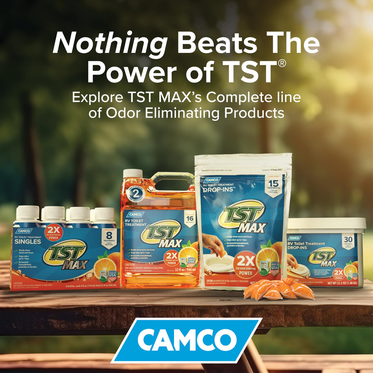 Camco TST MAX pod beside ruler showing size for easy packing benefit