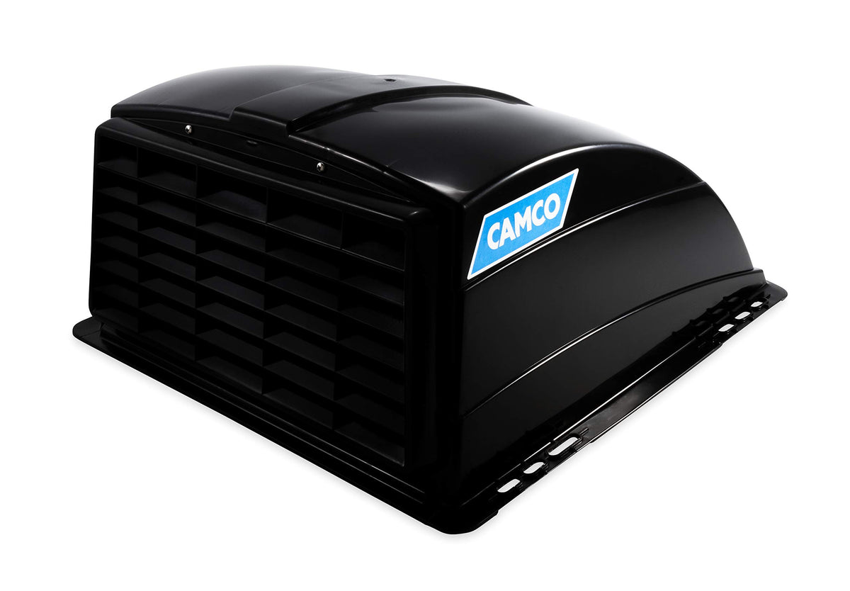 Camco vent cover front view showing aerodynamic hood and black finish for weather protection