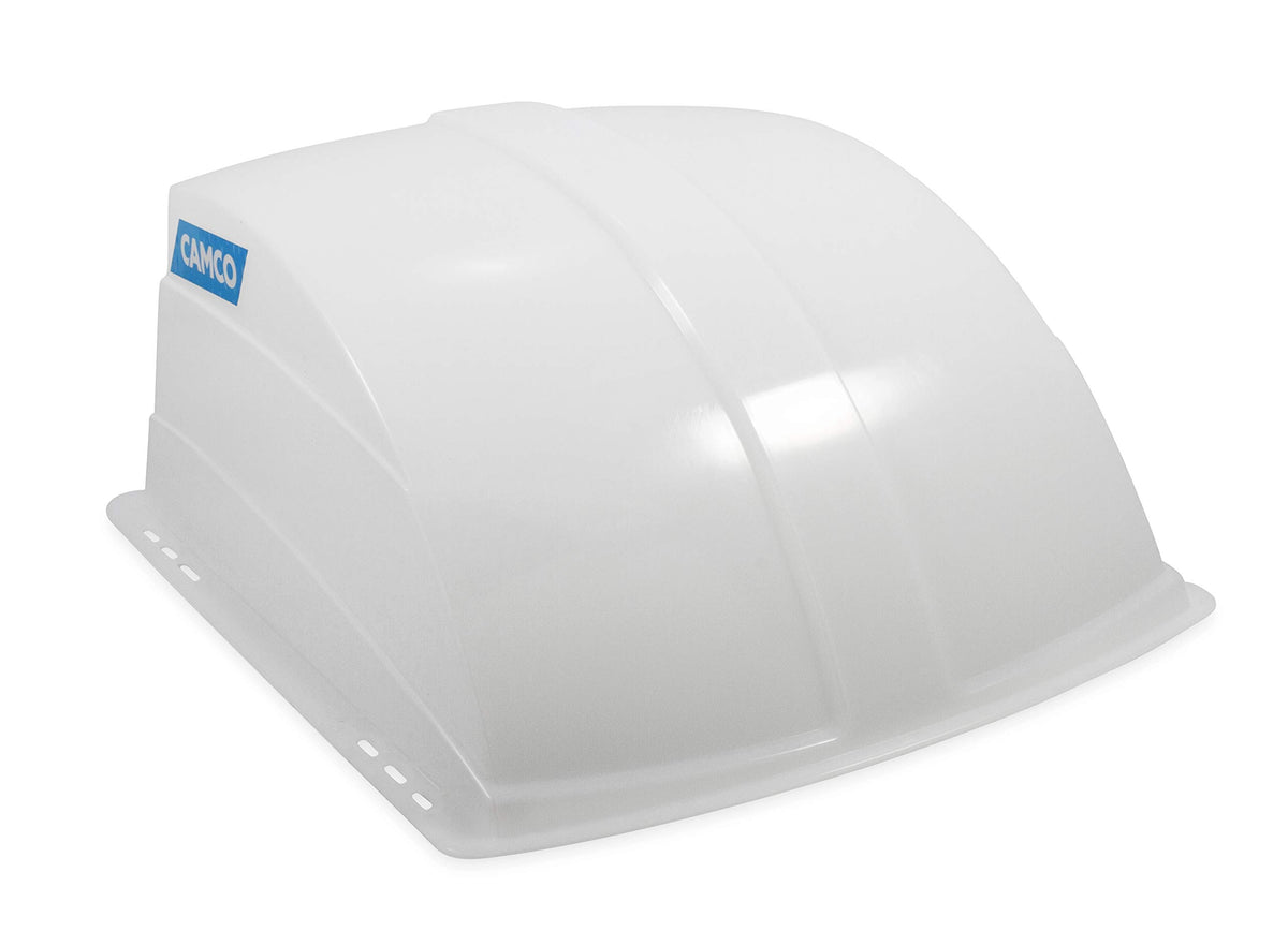 Camco vent cover front view showing white hood and aerodynamic shape for protection