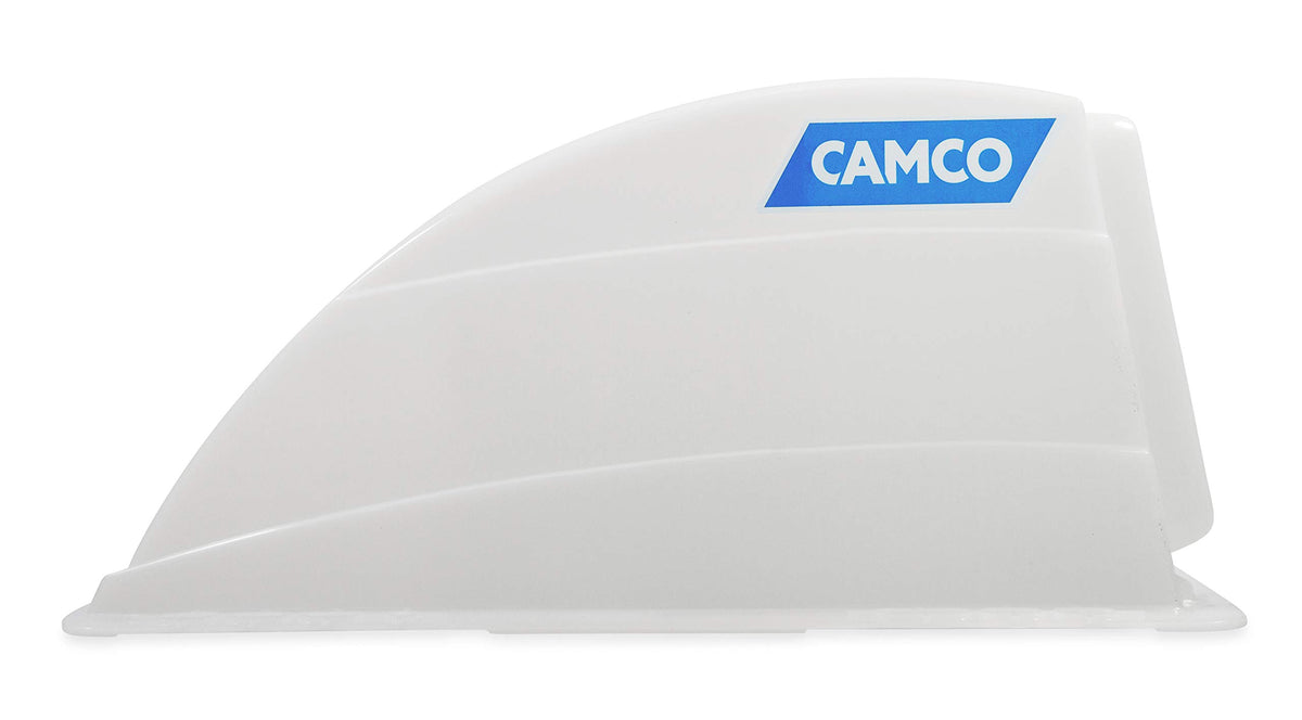 Camco vent cover installed with open vent demonstrating airflow and rain protection