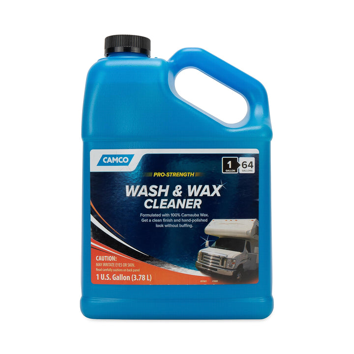 Camco wash & wax gallon bottle front label showing product and easy application benefit