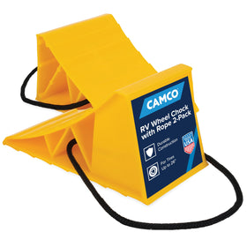 Camco wheel chock front view showing stable wedge and secure hold