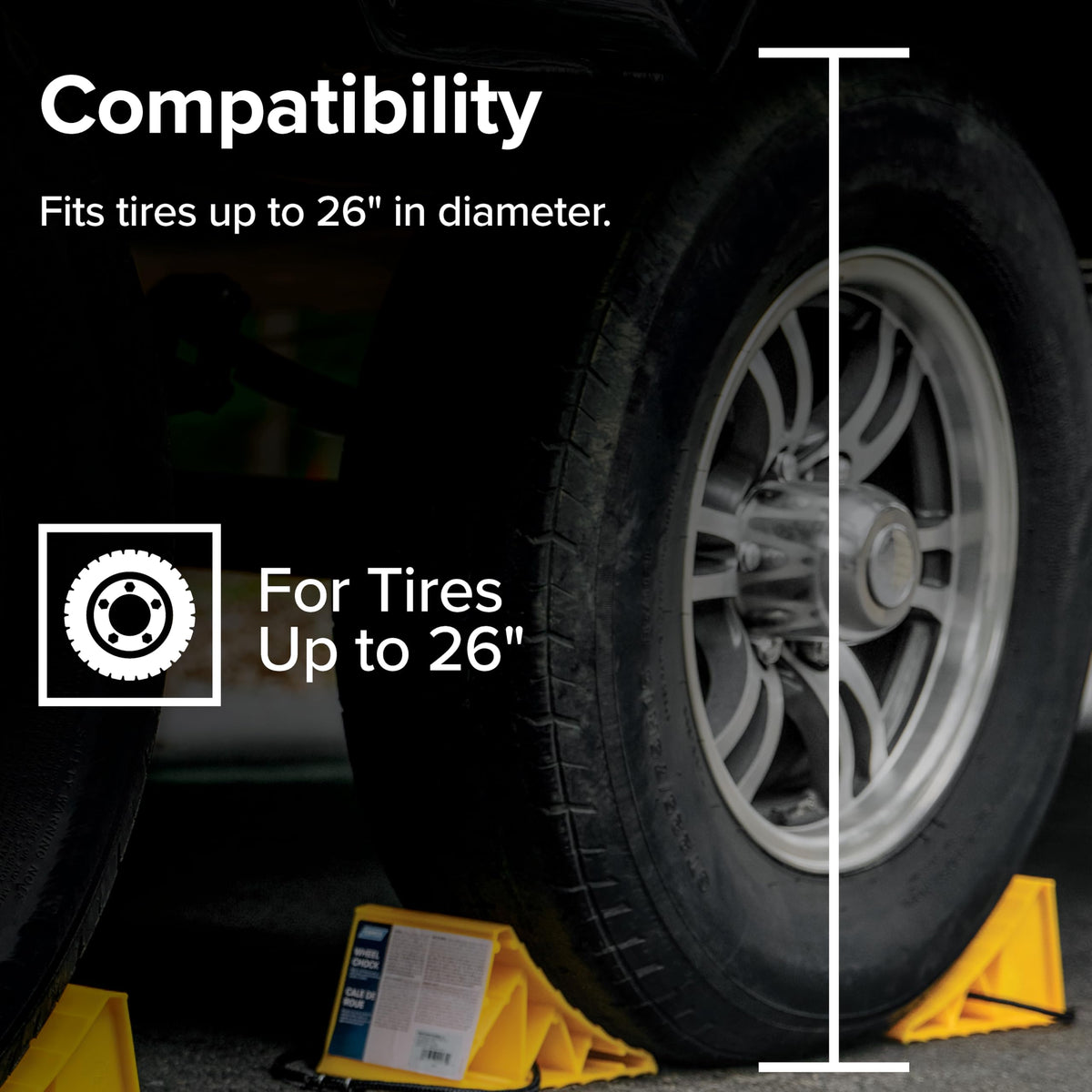 Camco chock next to ruler showing fit for wheels up to 26 inches