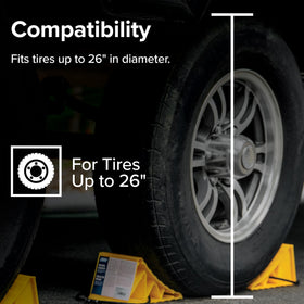 Camco chock next to ruler showing fit for wheels up to 26 inches
