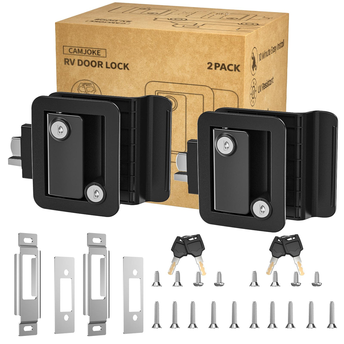 CAMJOKE front-facing lockset showing twin locks and benefits of keyed-alike convenience