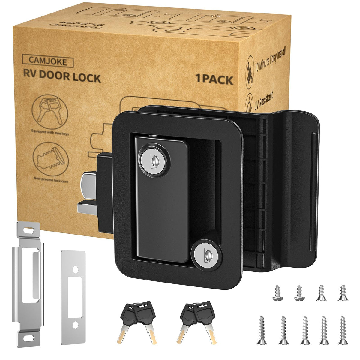 CAMJOKE front view of packaged lock showing components and durability