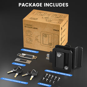 CAMJOKE lock visible on camper exterior conveying improved security for travel gear