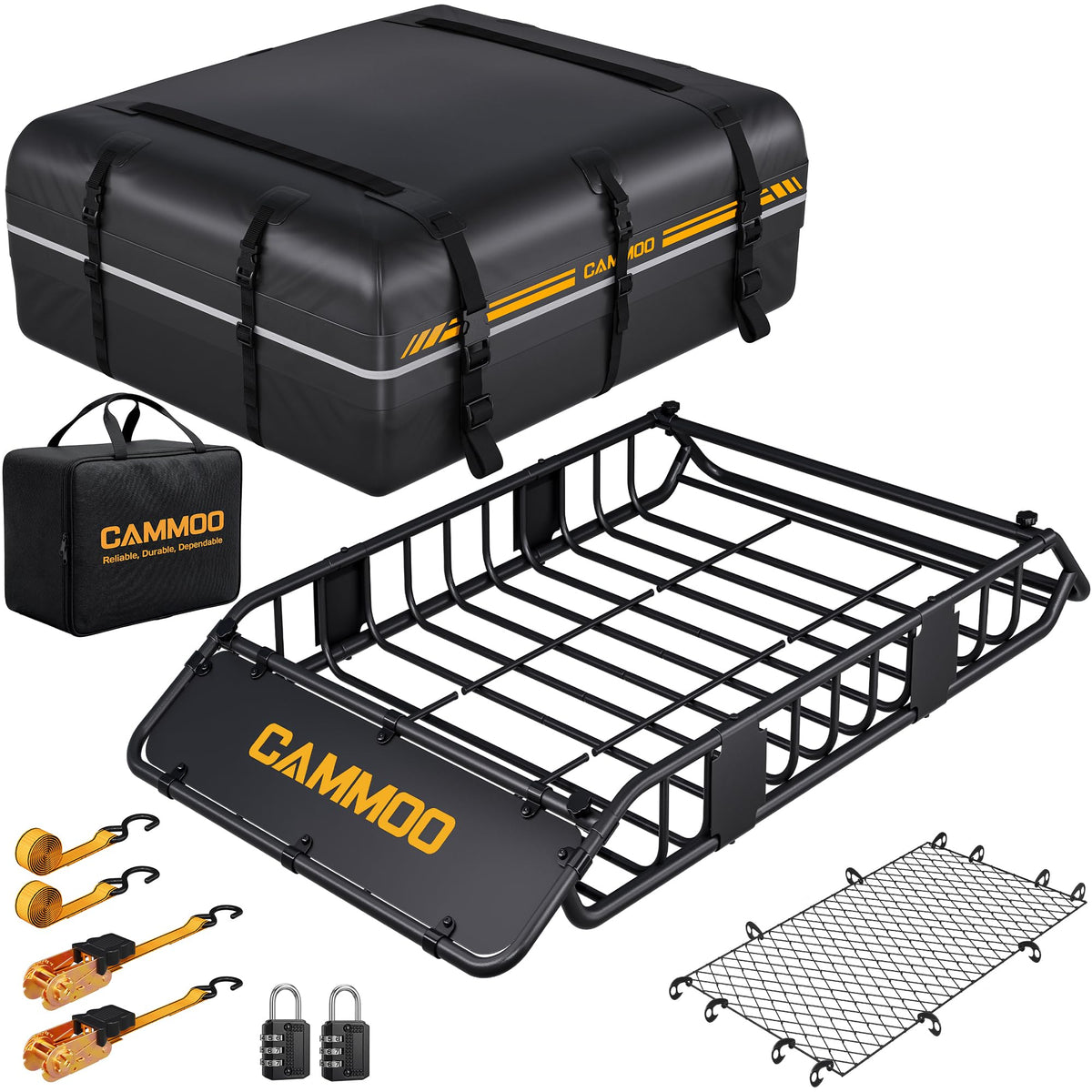 CAMMOO roof basket front view showing sturdy frame and fairing, benefits organized hauling