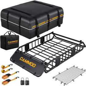 CAMMOO roof basket front view showing sturdy frame and fairing, benefits organized hauling