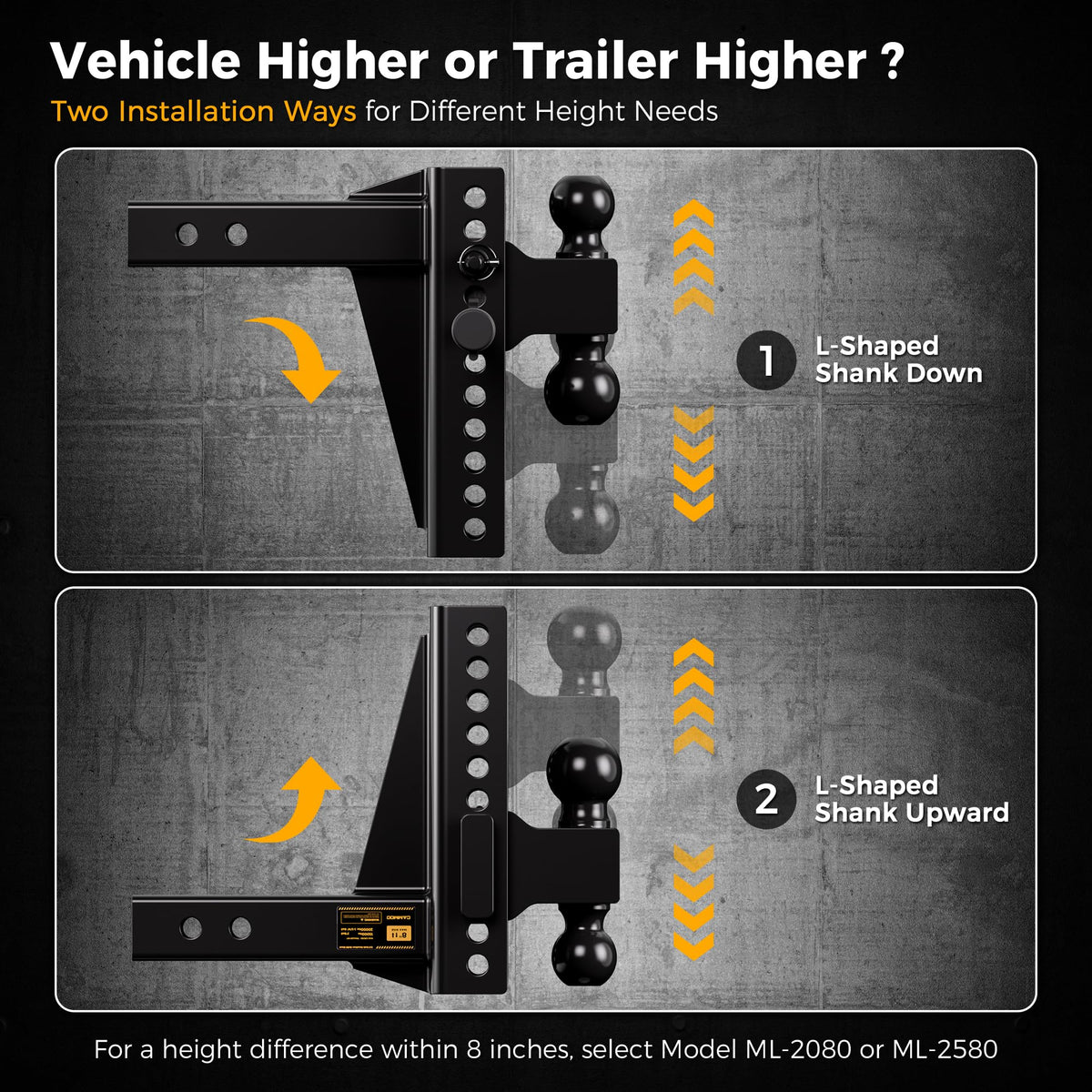 CAMMOO height comparison showing rise versus drop for precise trailer leveling