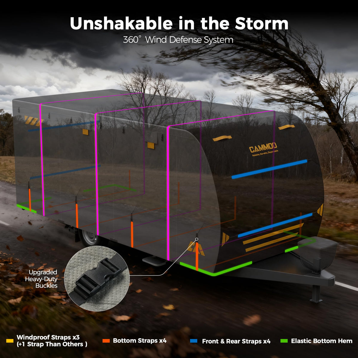 CAMMOO windproof strap and buckle detail securing cover against strong winds benefit
