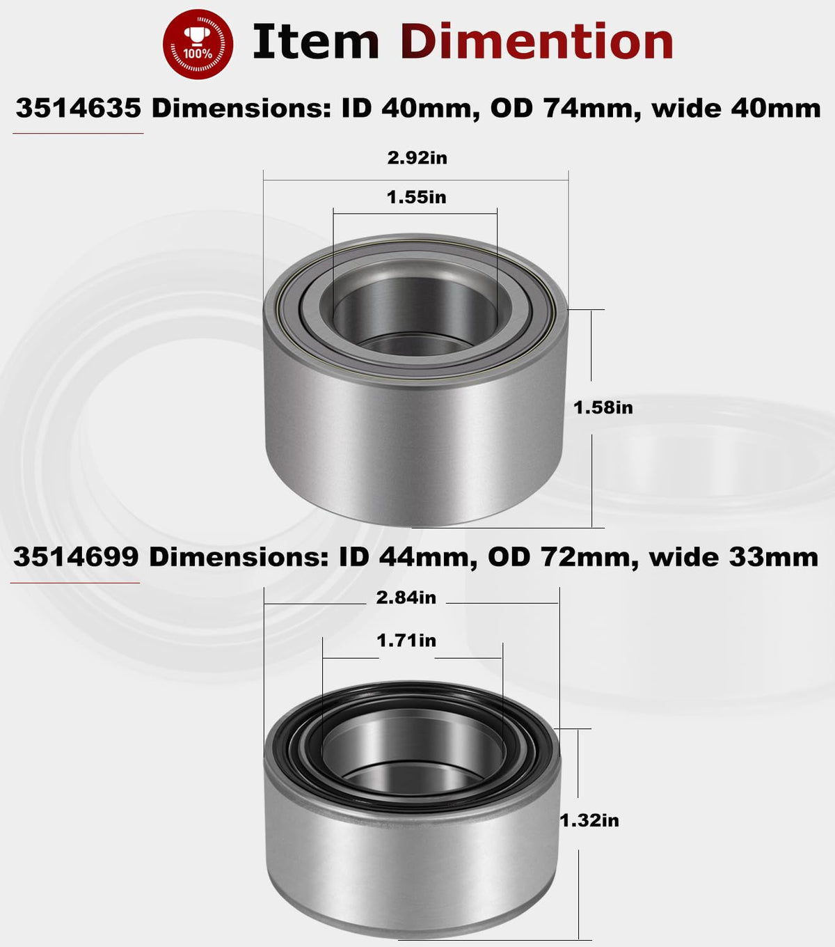 Camoo bearings side-by-side comparison showing front and rear fitment clarity