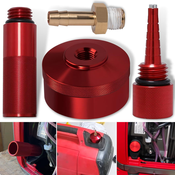 Camoo front view of red gas cap kit showing all components and easy installation benefit