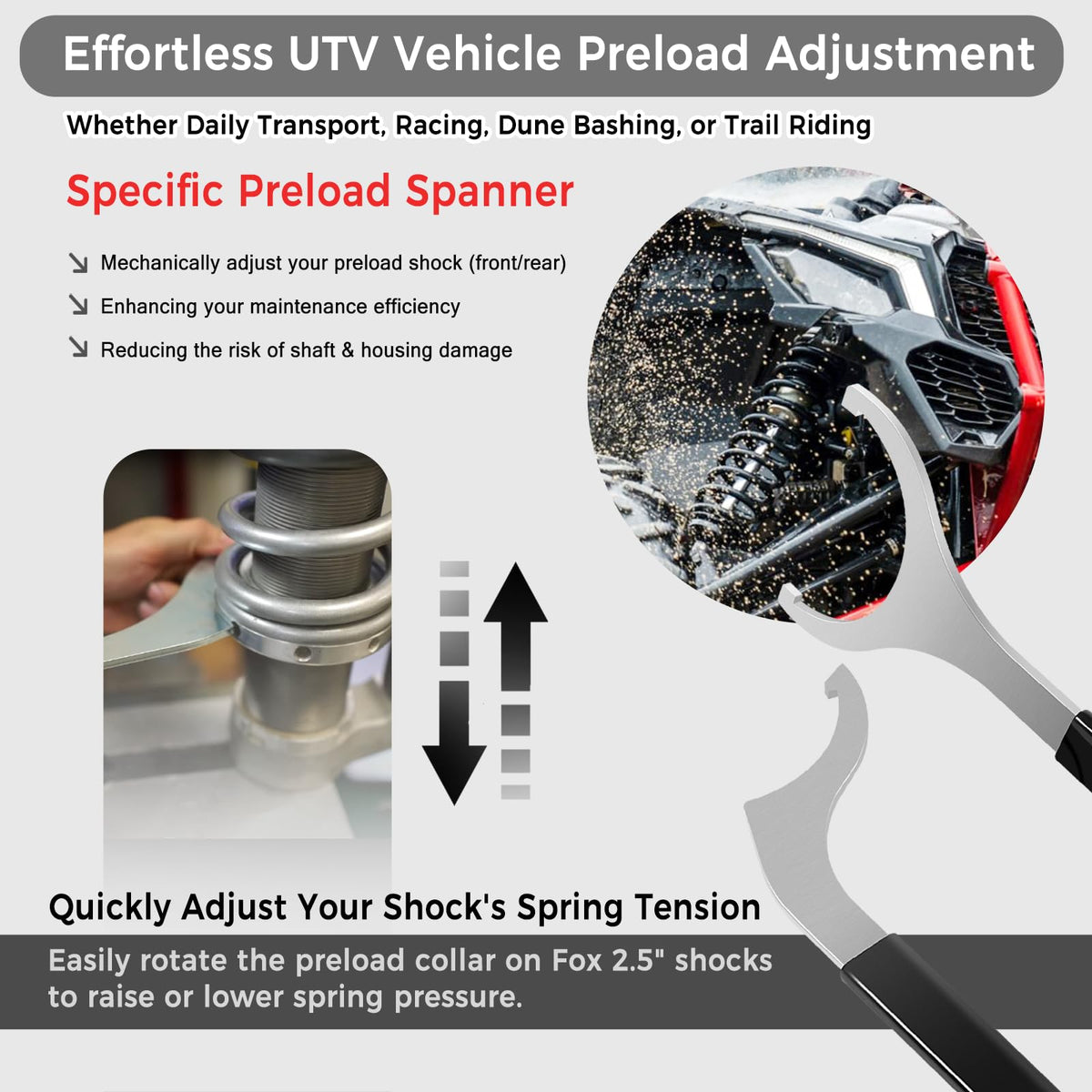 Camoo wrench in use on UTV shock showing accurate preload adjustment benefit
