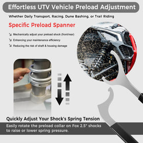 Camoo wrench in use on UTV shock showing accurate preload adjustment benefit