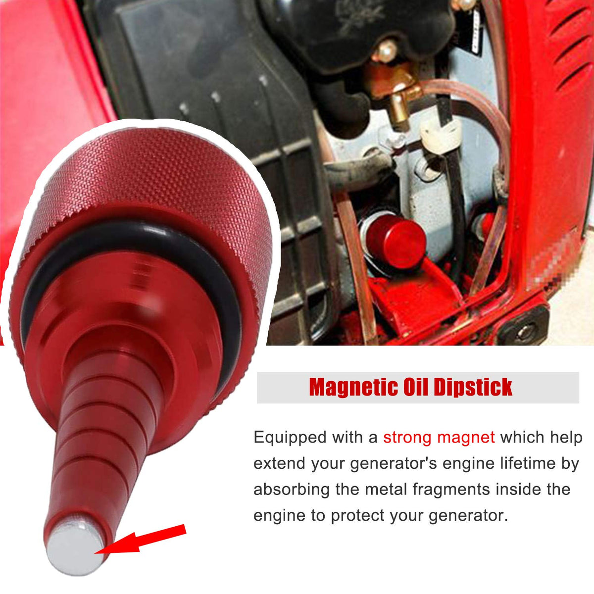 Camoo magnetic oil dipstick capturing metal particles to help protect engine internals