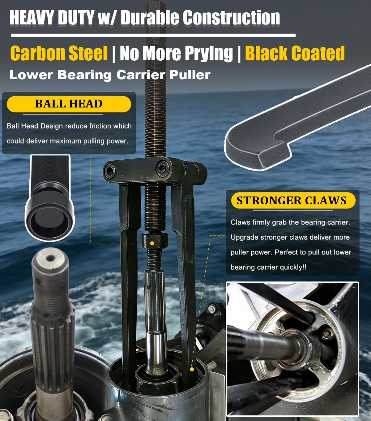 Camoo puller installed on outboard gearcase showing safe removal benefit