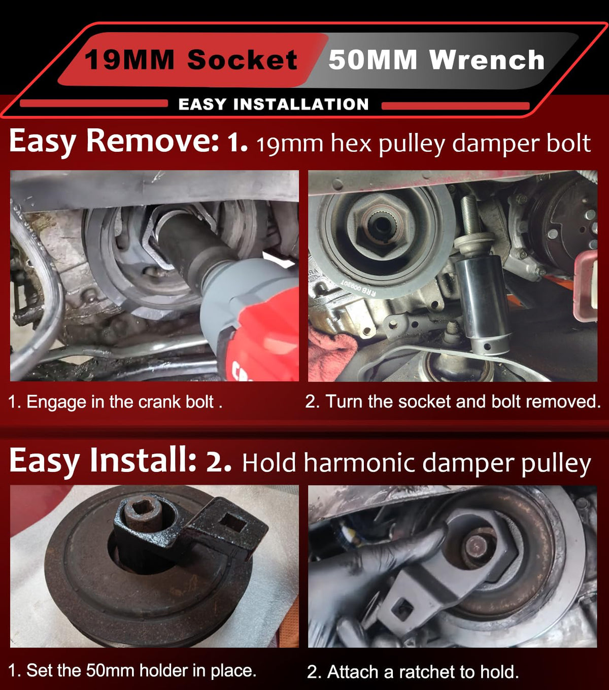 Camoo tools in use on Honda engine, improves crank bolt removal safety