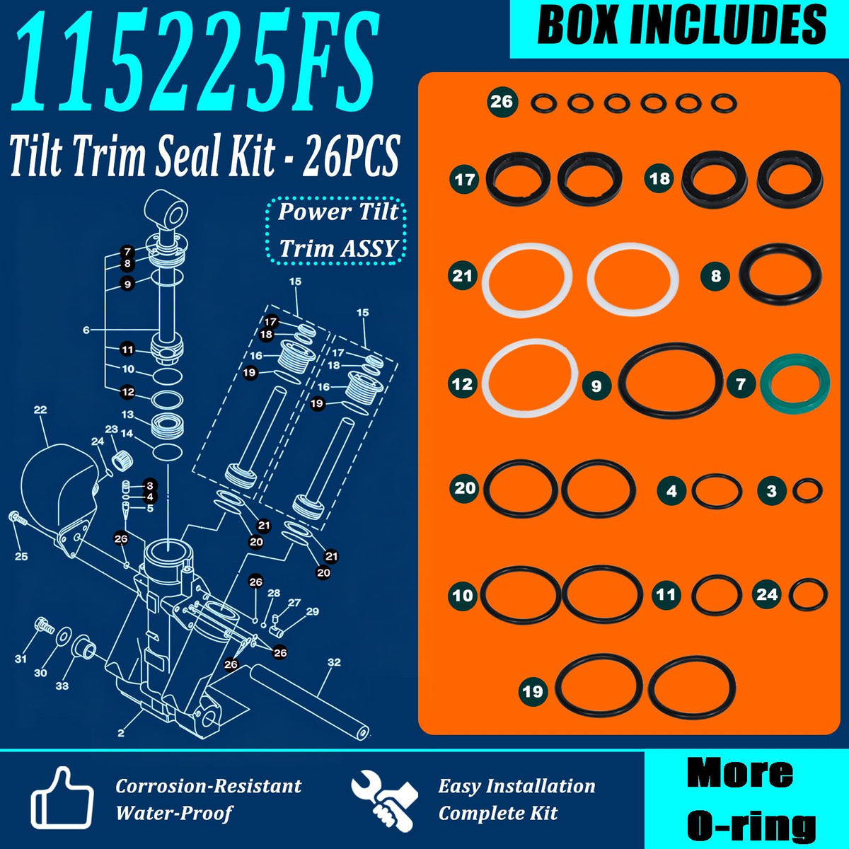 Camoo layout of three cylinder seals demonstrating complete kit coverage