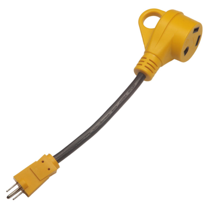 CAMPELIFY front view connector showing secure 30A to 15A conversion benefit