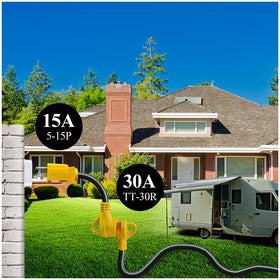 CAMPELIFY adapter connecting RV at driveway showing convenient power access