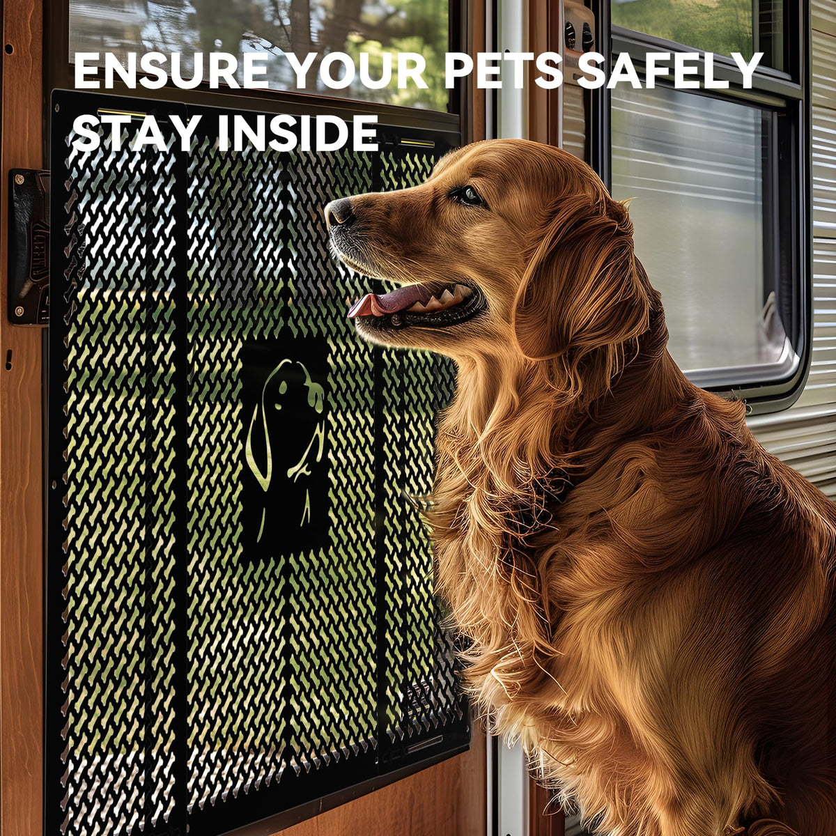 CAMPER MATTERS grille installed with dog safely kept inside camper