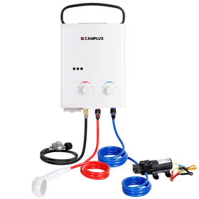 CAMPLUX AY132 front view showing compact heater design and quick-connects for easy setup