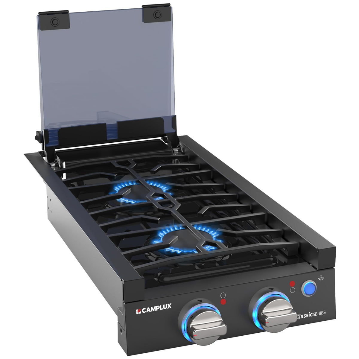CAMPLUX front view showing sleek embedded cooktop and clean installation benefit