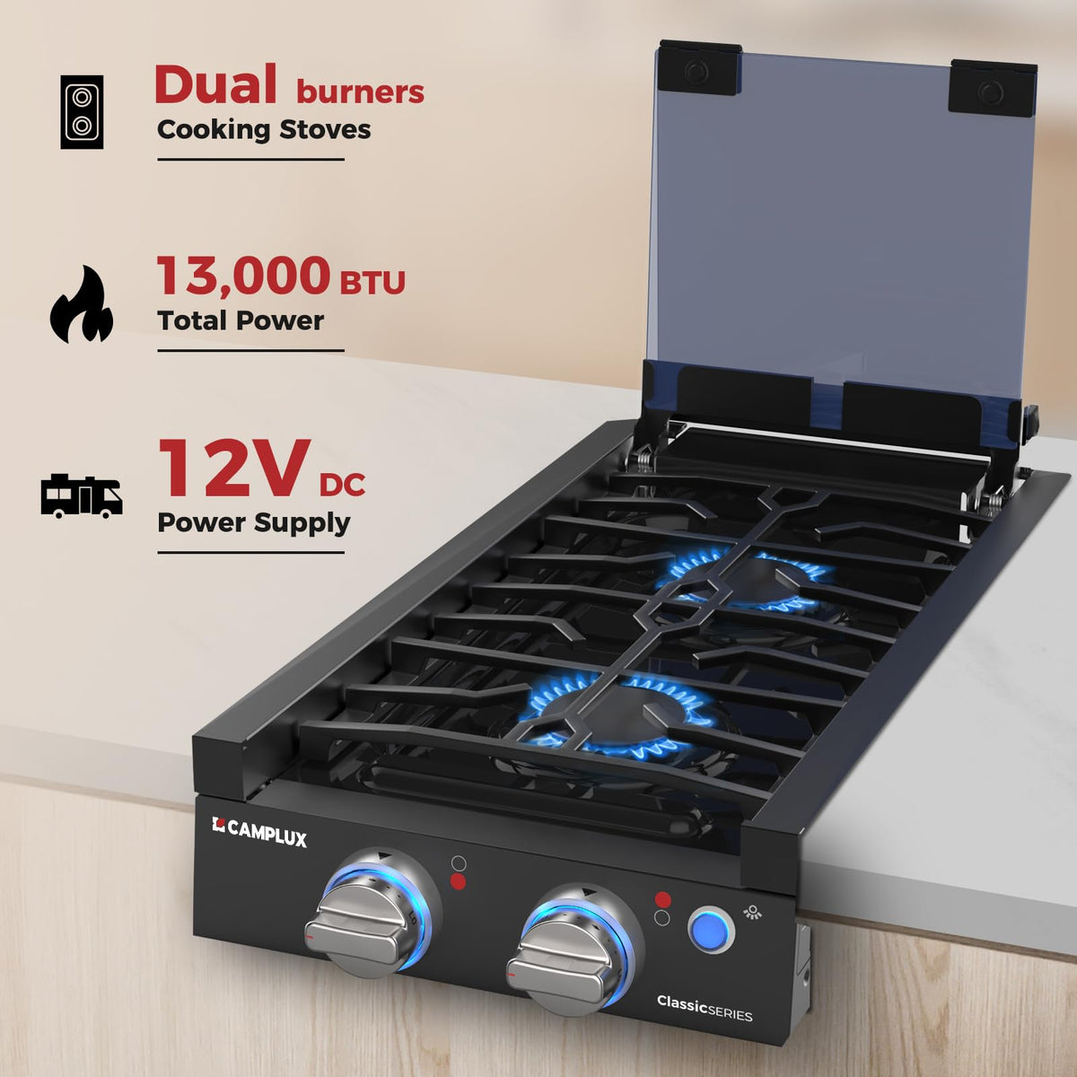 CAMPLUX tempered glass cover closed protecting burners and expanding counter space benefit