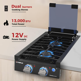 CAMPLUX tempered glass cover closed protecting burners and expanding counter space benefit