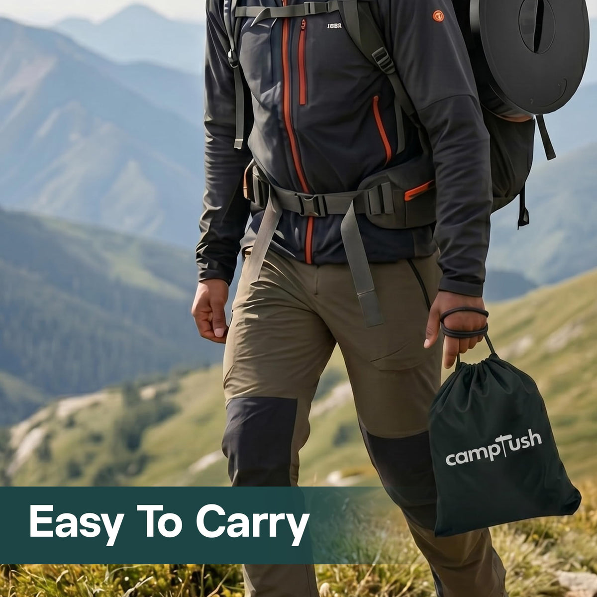 CAMPTUSH size comparison with backpack illustrating portability