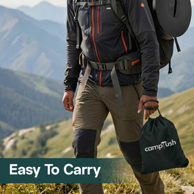 CAMPTUSH size comparison with backpack illustrating portability
