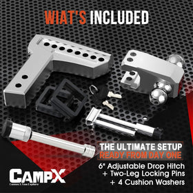 CAMPX accessories with locking pins and washers showing quieter, safer towing benefit