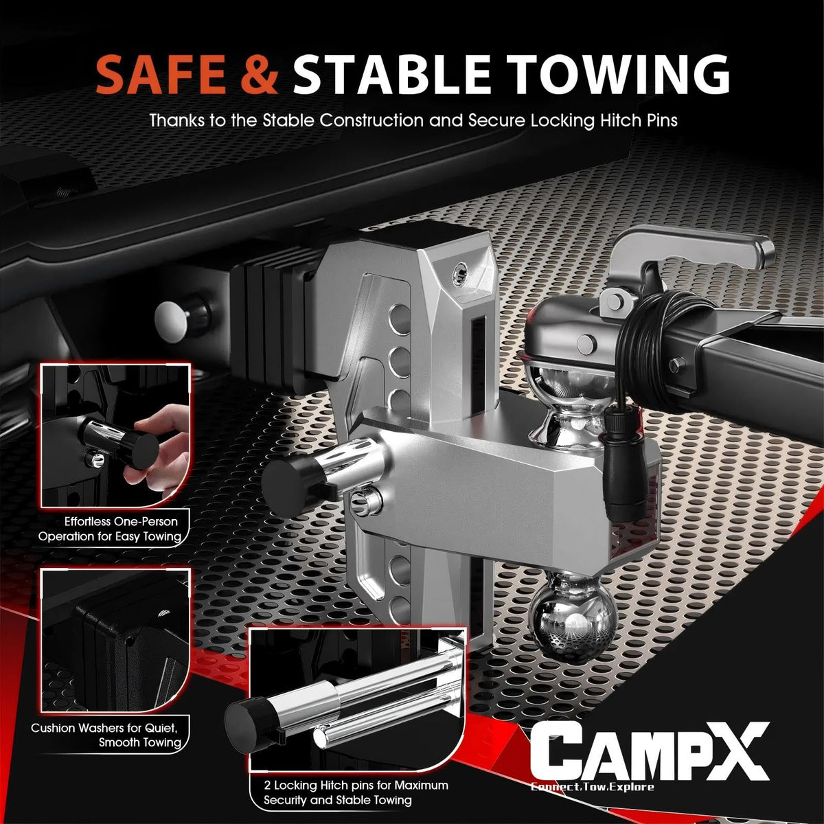 CAMPX hitch balls comparison showing 2" and 2-5/16" options for load flexibility benefit