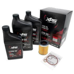 Can-Am front package kit 779252 showing complete oil change contents and organized layout