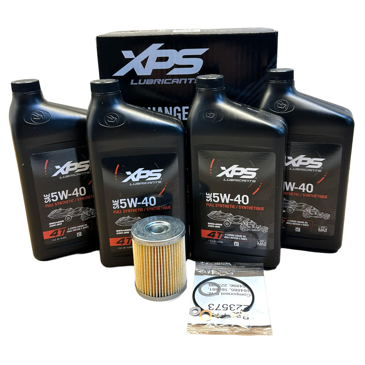 Can-Am oil change kit front packaging showing contents and OEM labeling for clean service