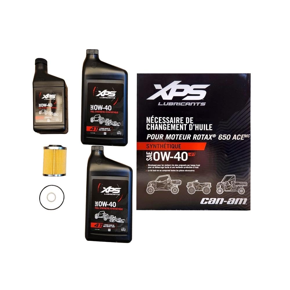 Can-Am oil change kit front packaging showing included oil, filter, and O-rings for fast service