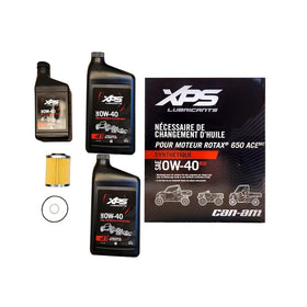Can-Am oil change kit front packaging showing included oil, filter, and O-rings for fast service
