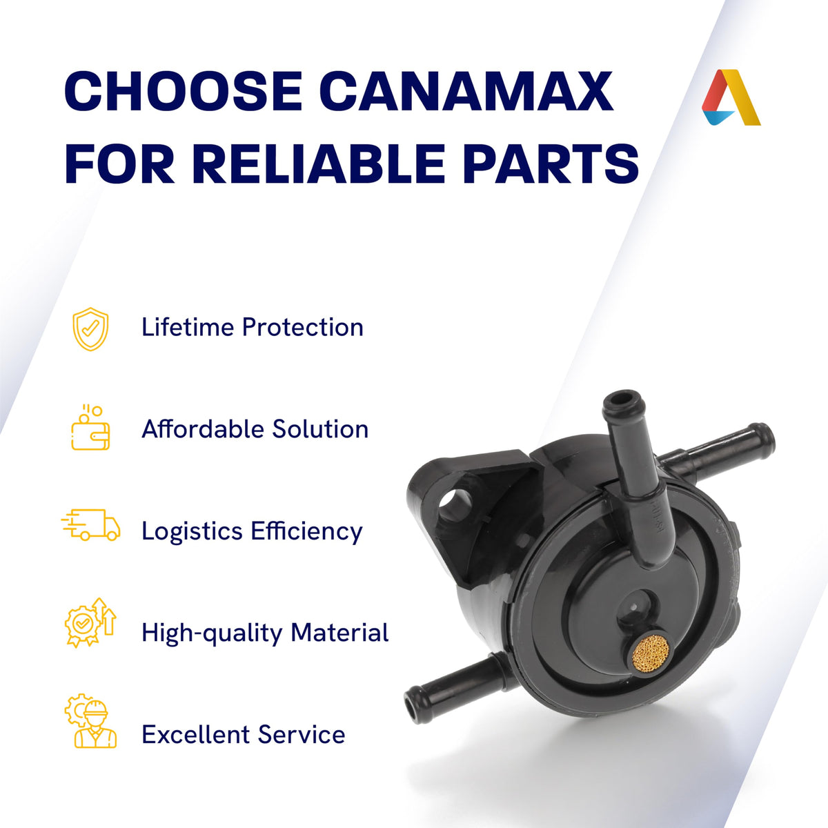 Canamax fuel pump on a riding mower in yard showing reliable performance