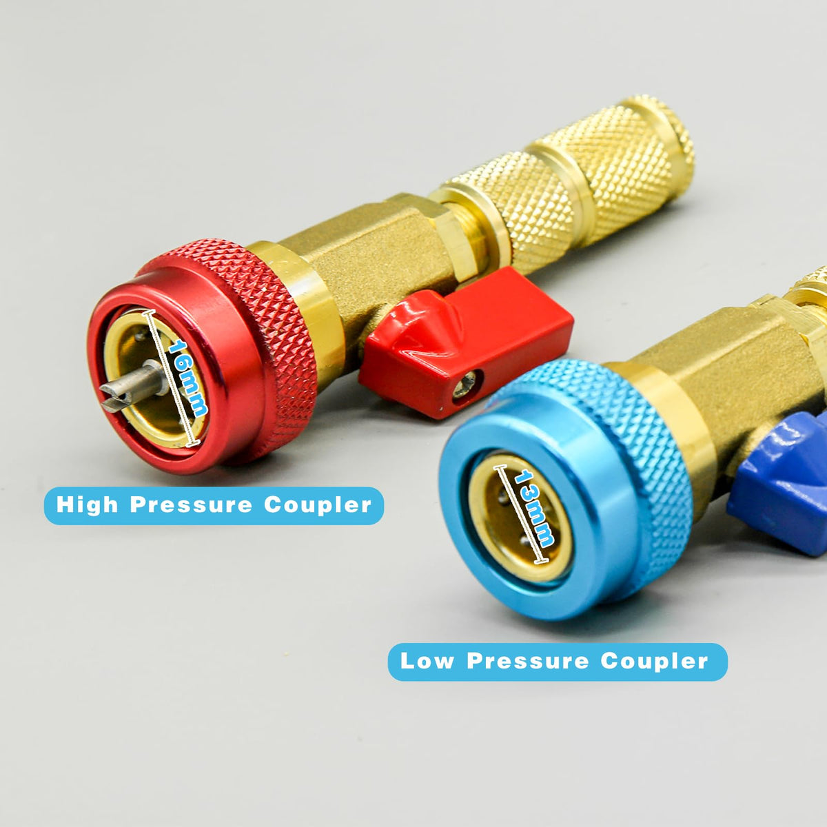 CANIPHA close-up of red and blue quick-connect valves highlighting leak-preventing quarter-turn valve