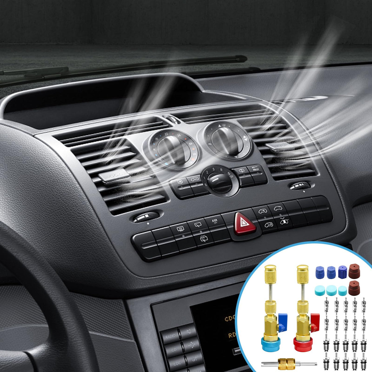 CANIPHA tool attached to car AC service port illustrating secure connection and reduced refrigerant loss