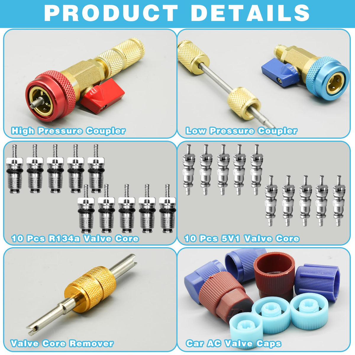 CANIPHA spread of valve cores and eight service port caps showing replacement options for R134a systems